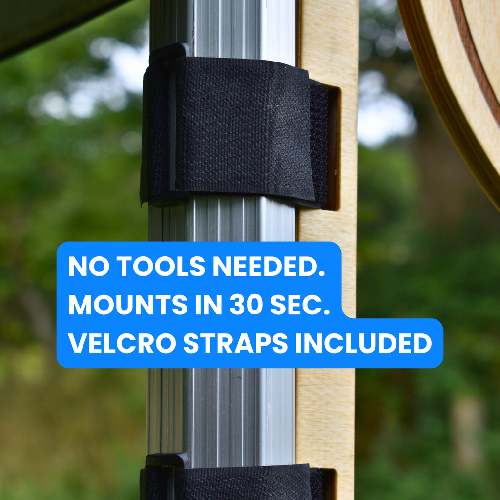 Black Velcro strap attached to a metal pole with text about quick mounting.