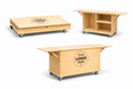 Light wood portable cart with wheels, shown folded and unfolded with shelves.