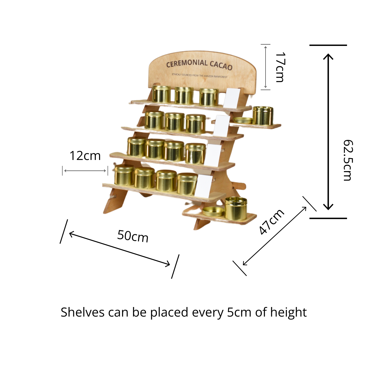 Wooden shelved display with gold containers and measurements 