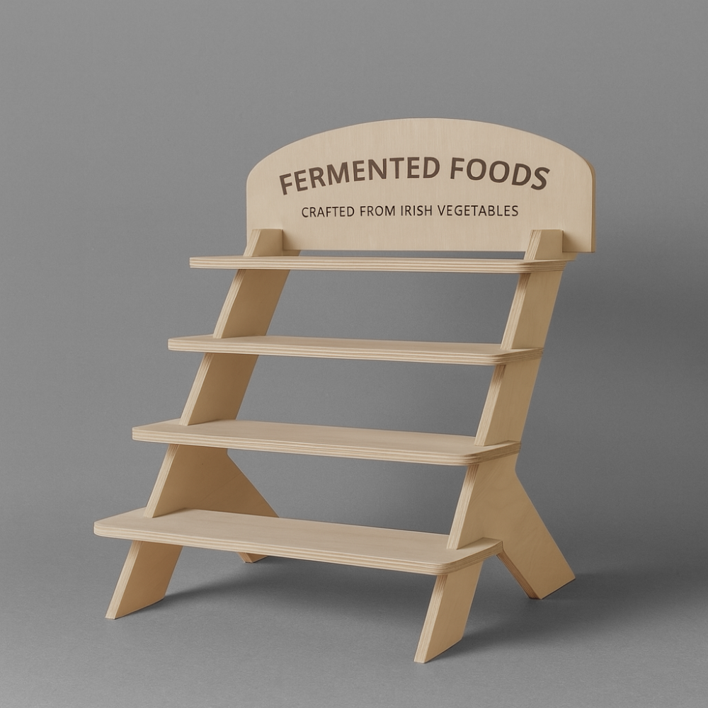 Wooden shelf with 'Fermented Foods' text on a gray background