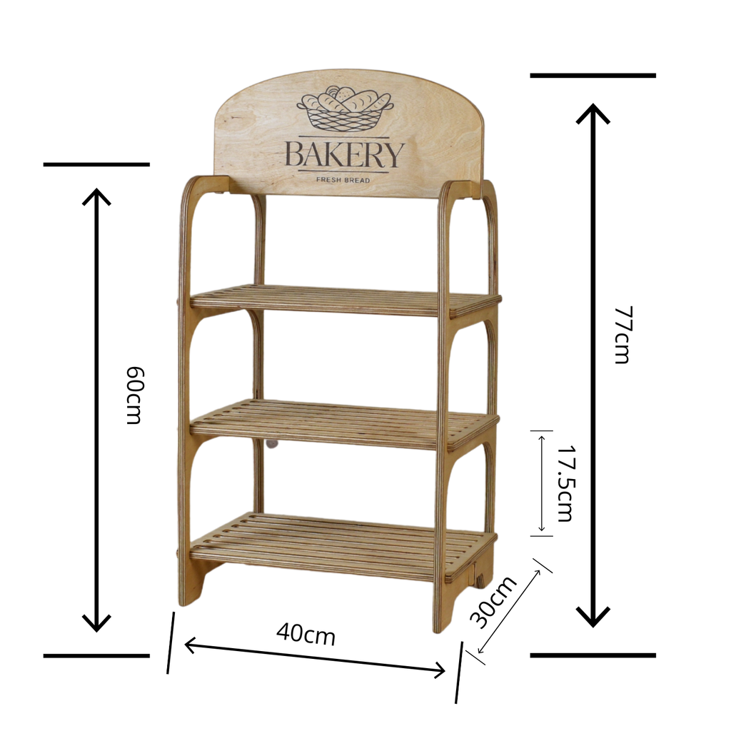Wooden stand for markets with three shelves that shows a bakery logo