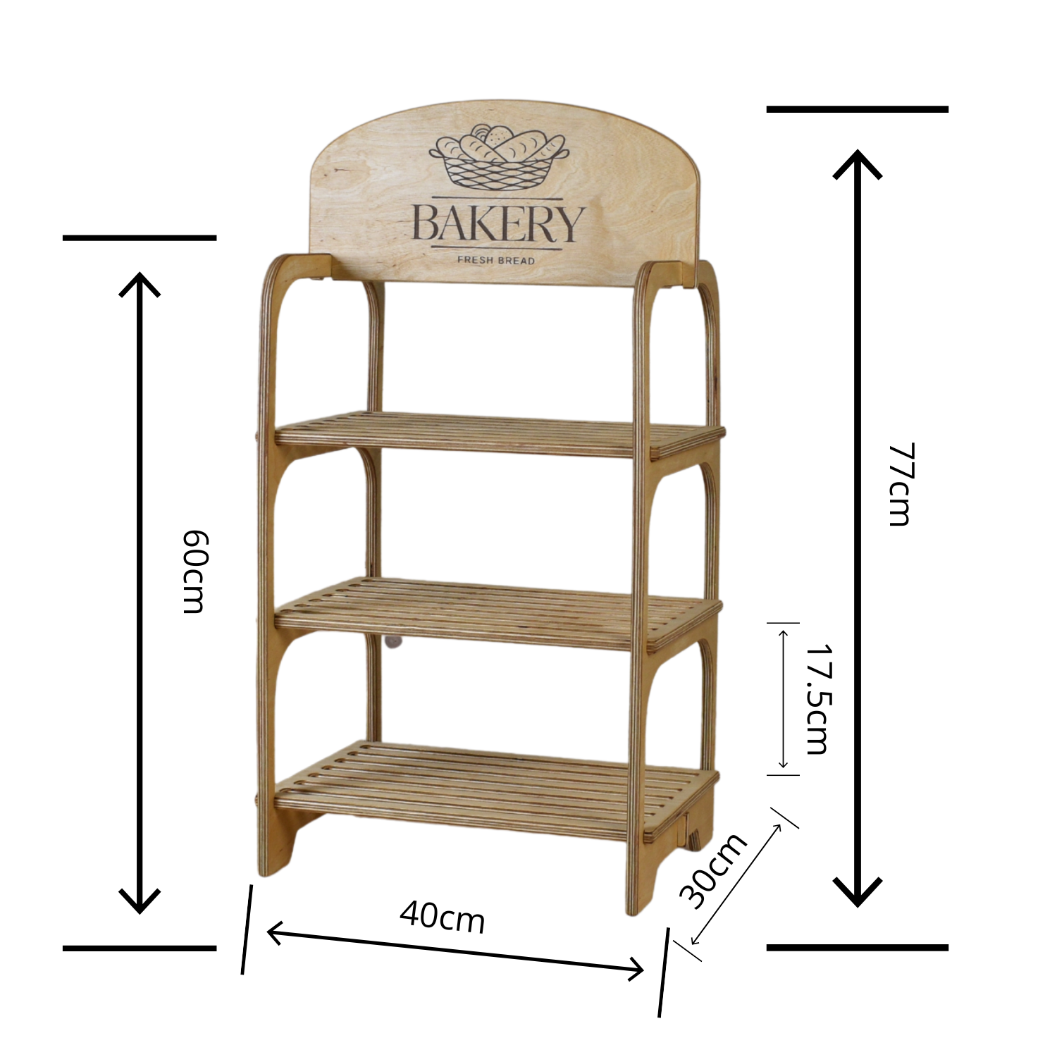 Wooden stand for markets with three shelves that shows a bakery logo