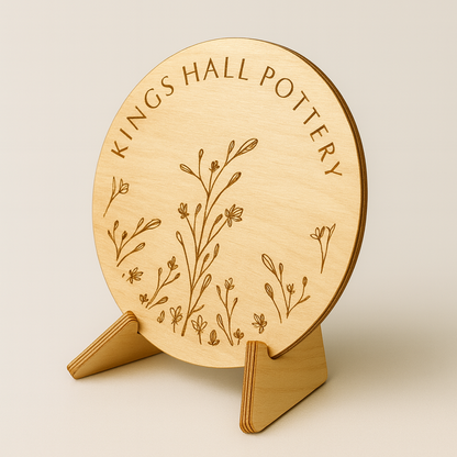 Wooden logo sign 'Kings Hall Pottery' text and floral design on a beige background