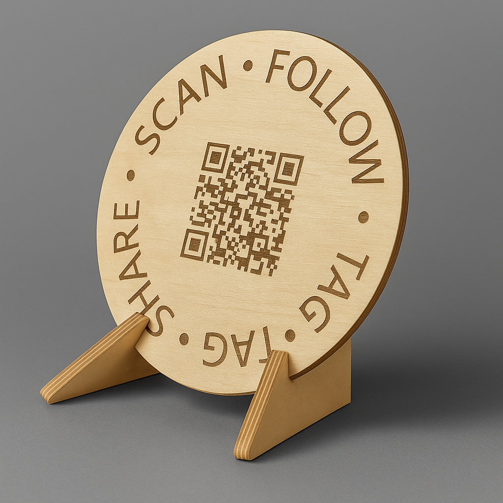 Wooden circular sign with QR code and text on a stand against a gray background